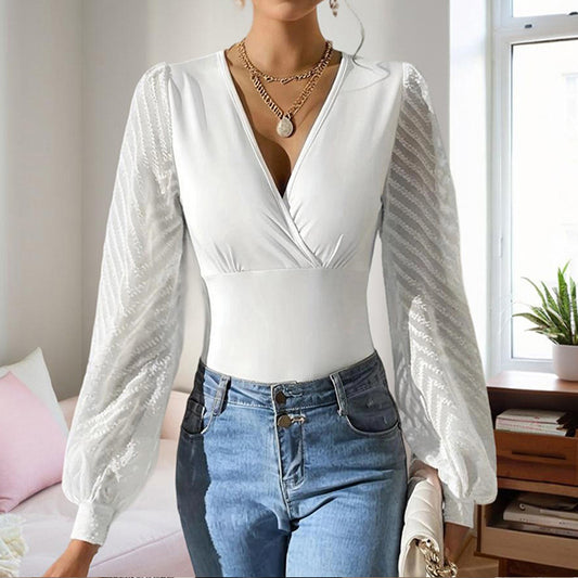 Women's Criss-Cross Deep V-Neck Chiffon Long Sleeve Top - Elegant Blouse With Semi-transparent Sleeve For Spring&Fall