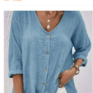 V-neck Long-sleeved T-shirt Fashion Solid Color Button Top Casual Loose