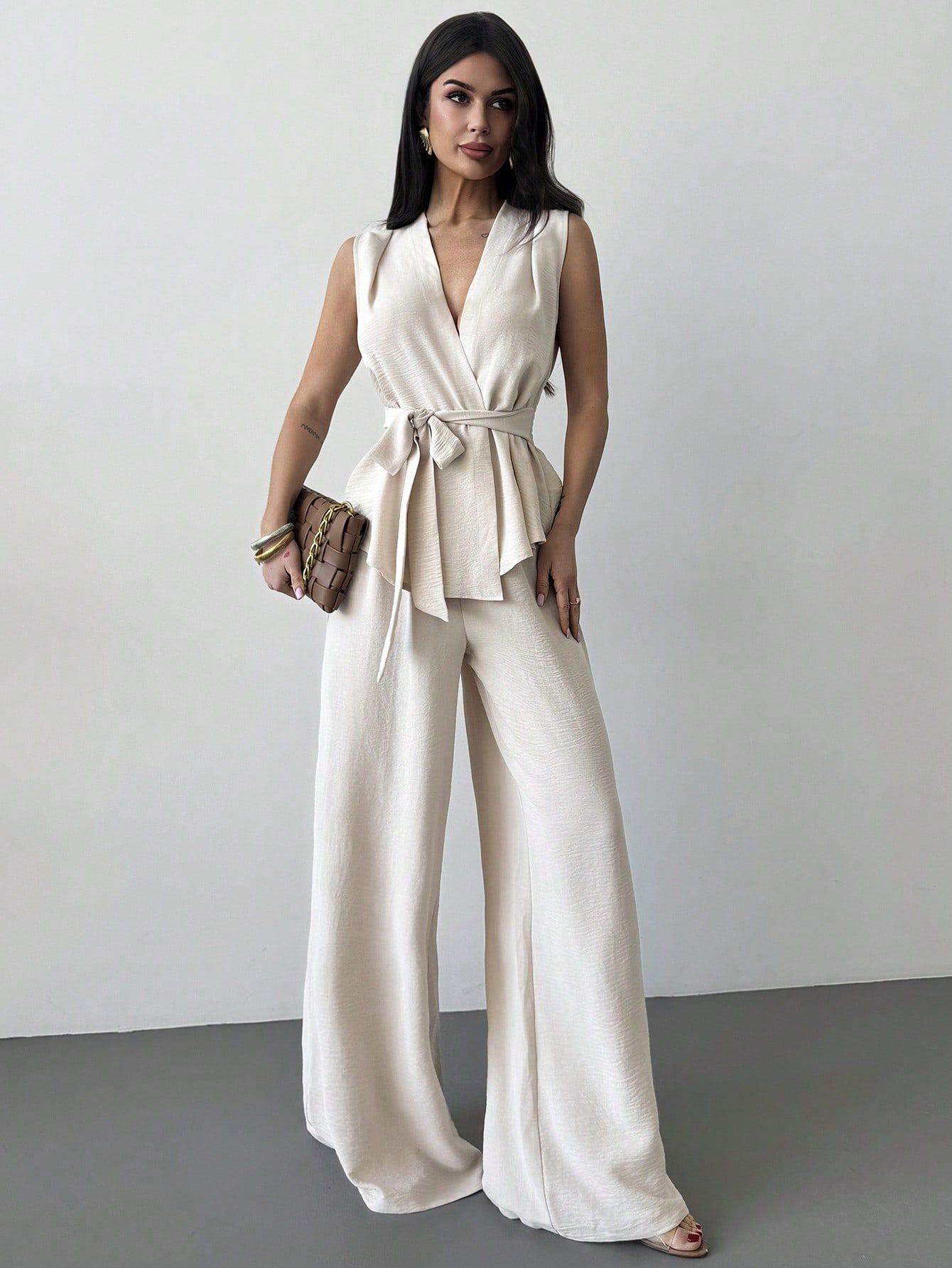 Lace-up V-neck Vest Top And Pants Two-piece Set