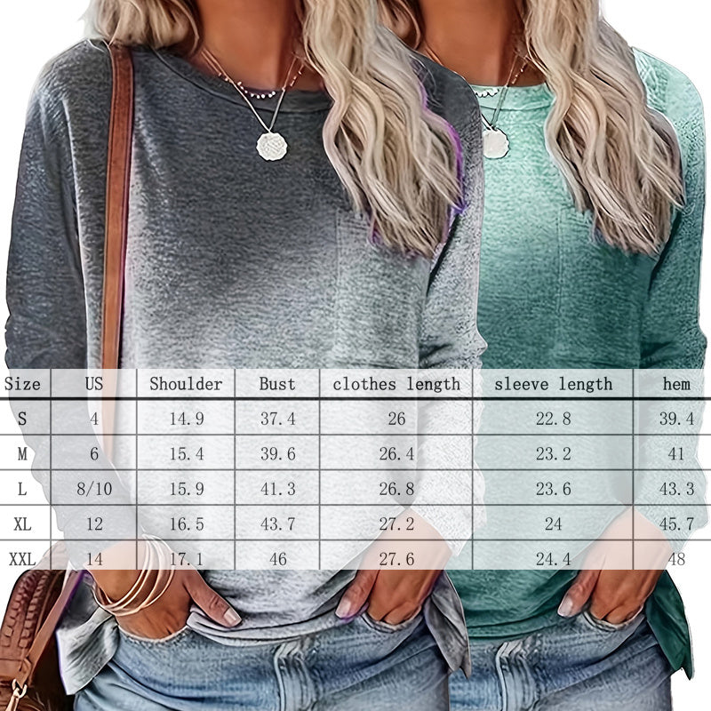 Women's 2Pack Tops Spring Fall Casual Gradient Color Round Neck Long Sleeve T Shirt Blouse