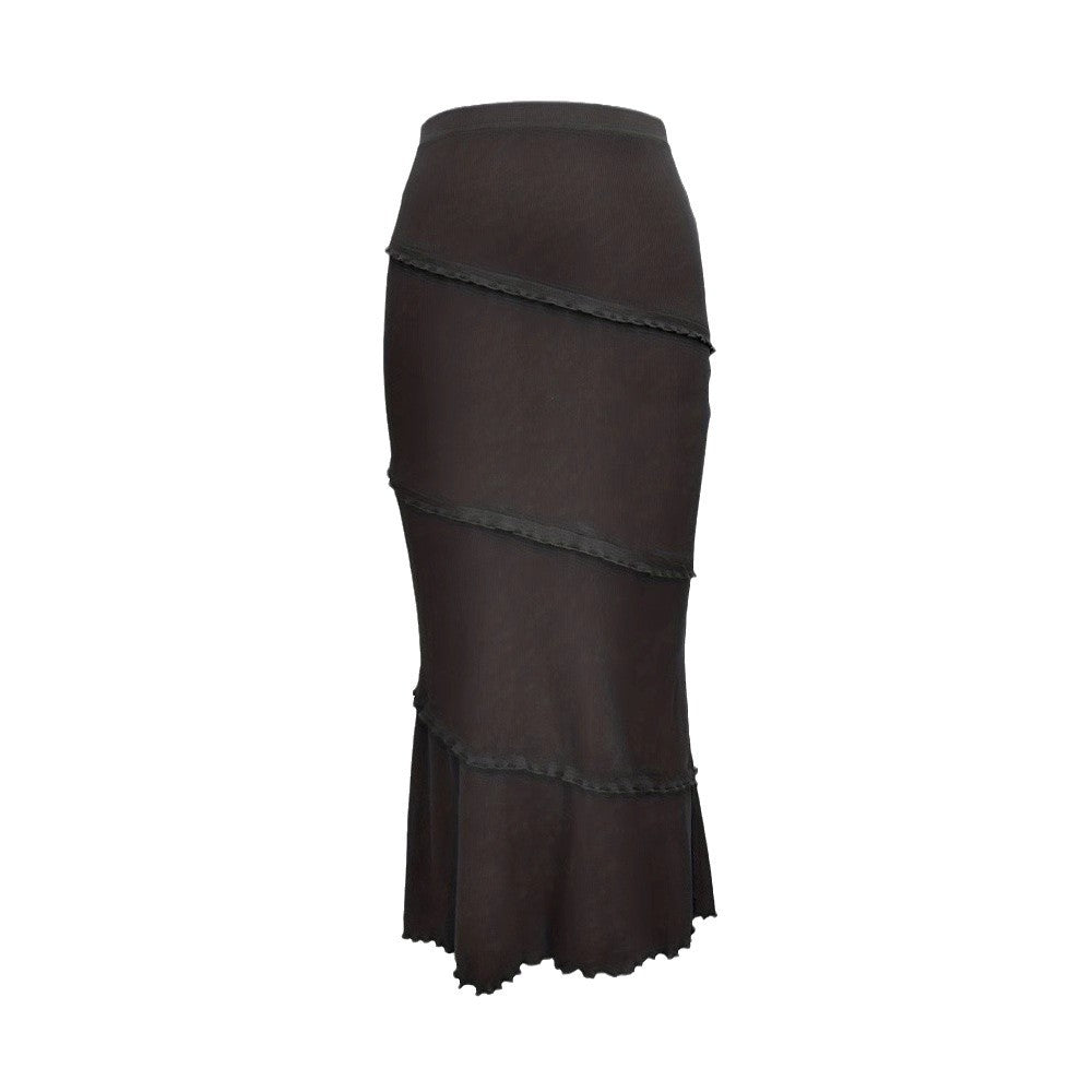 Solid-Color Multi-Layer Patchwork Ruffle-Trim Knitted Fishtail Skirt