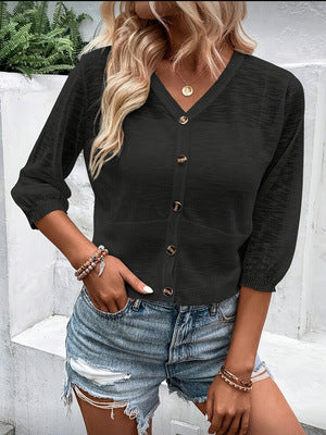 Solid-Color V-Neck Button-Up Knitted Short Cardigan