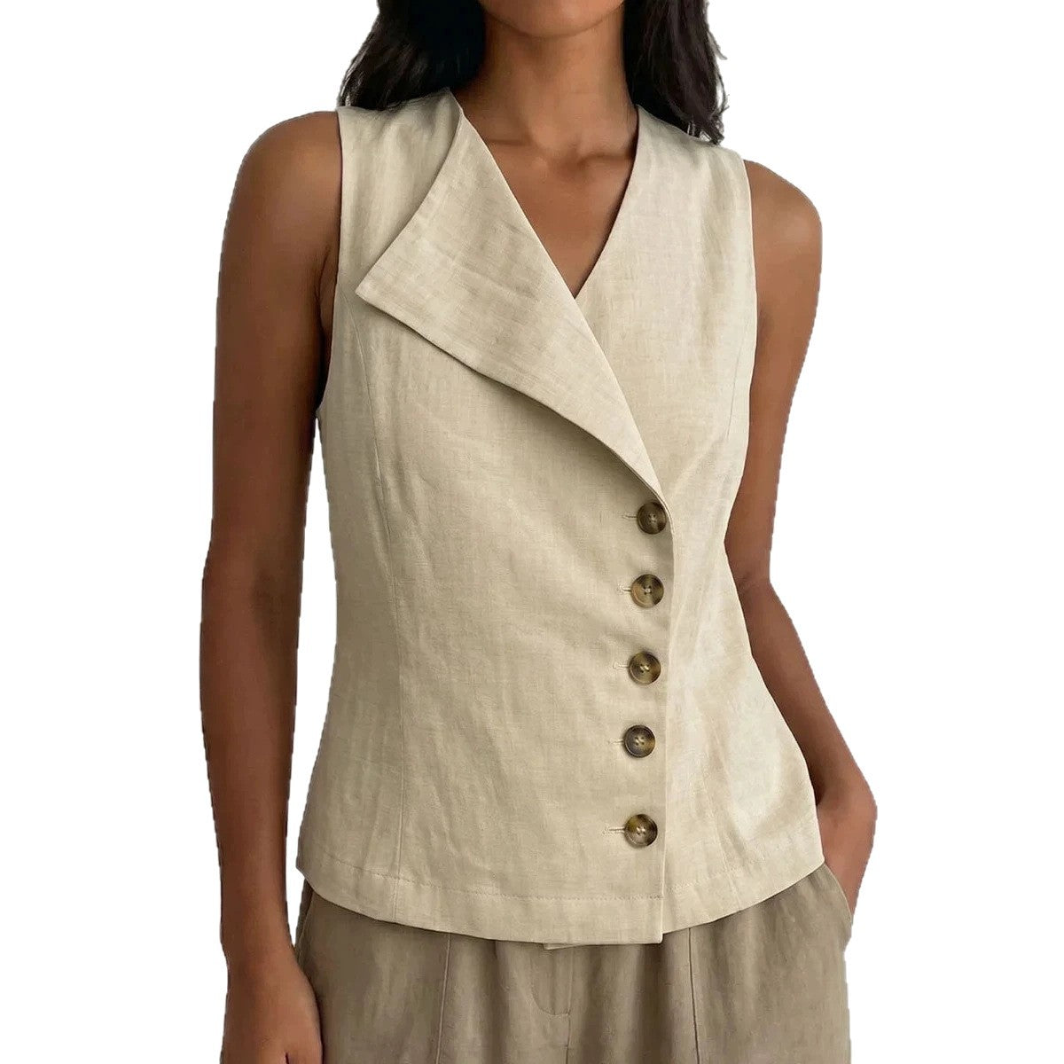Sleeveless Button-Down V-Neck Solid-Color Shirt