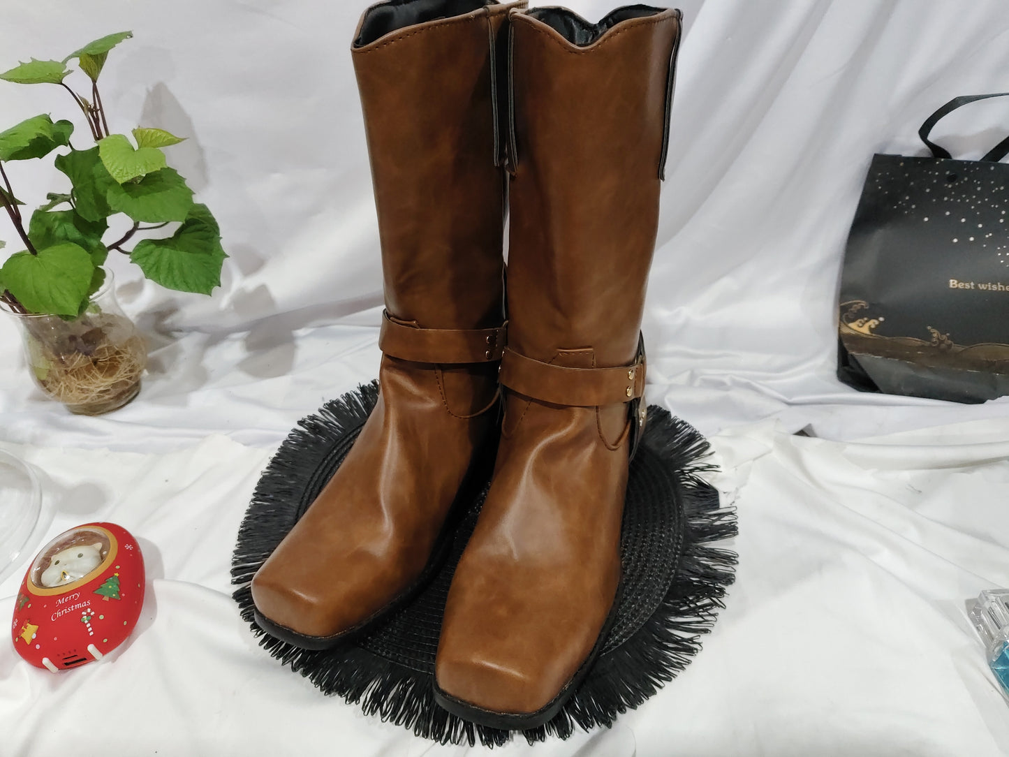 Men's Cowboy Boots Belt Buckle Ring High Top