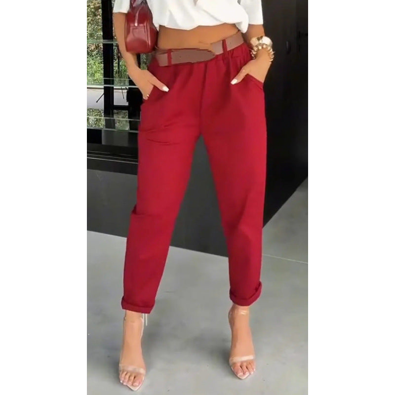 Solid-color Pocketed Slim-fit Casual Pants