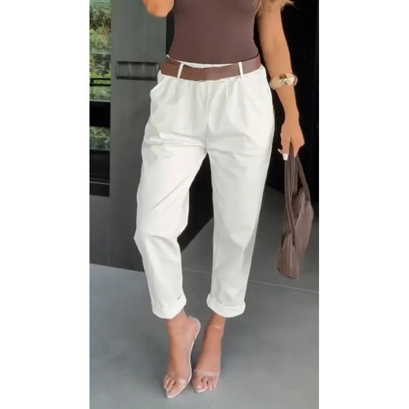 Solid-color Pocketed Slim-fit Casual Pants