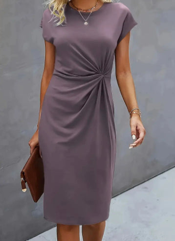 Casual Tight Front Knot Round Neck Mid-length Dress
