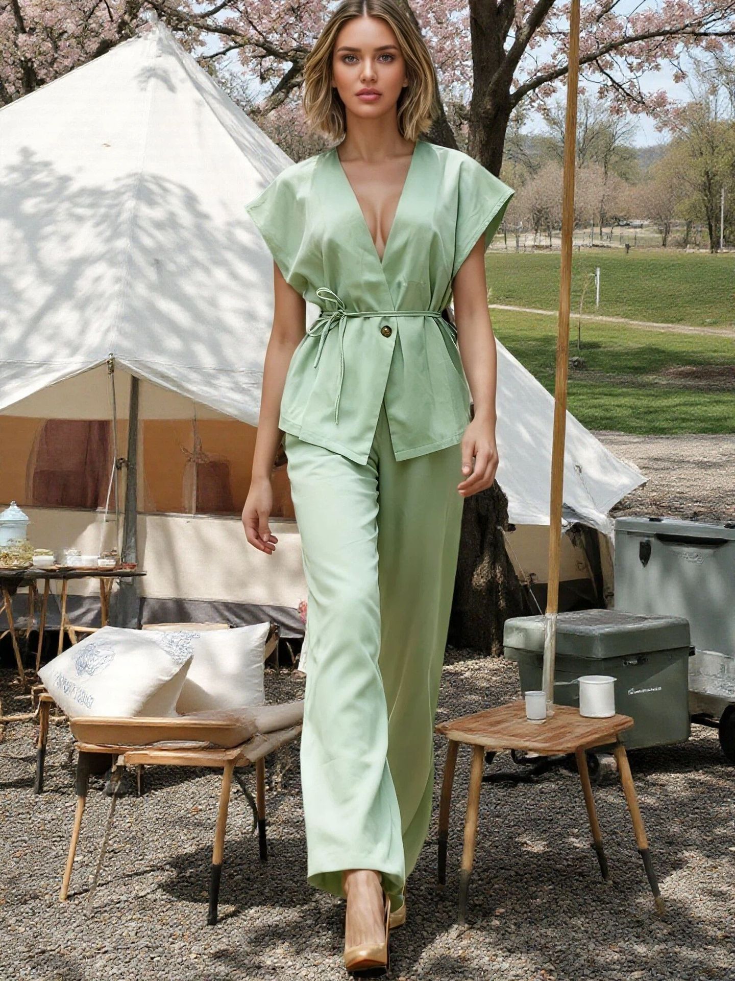 Casual Vest And Pants Set With Ties Solid Color