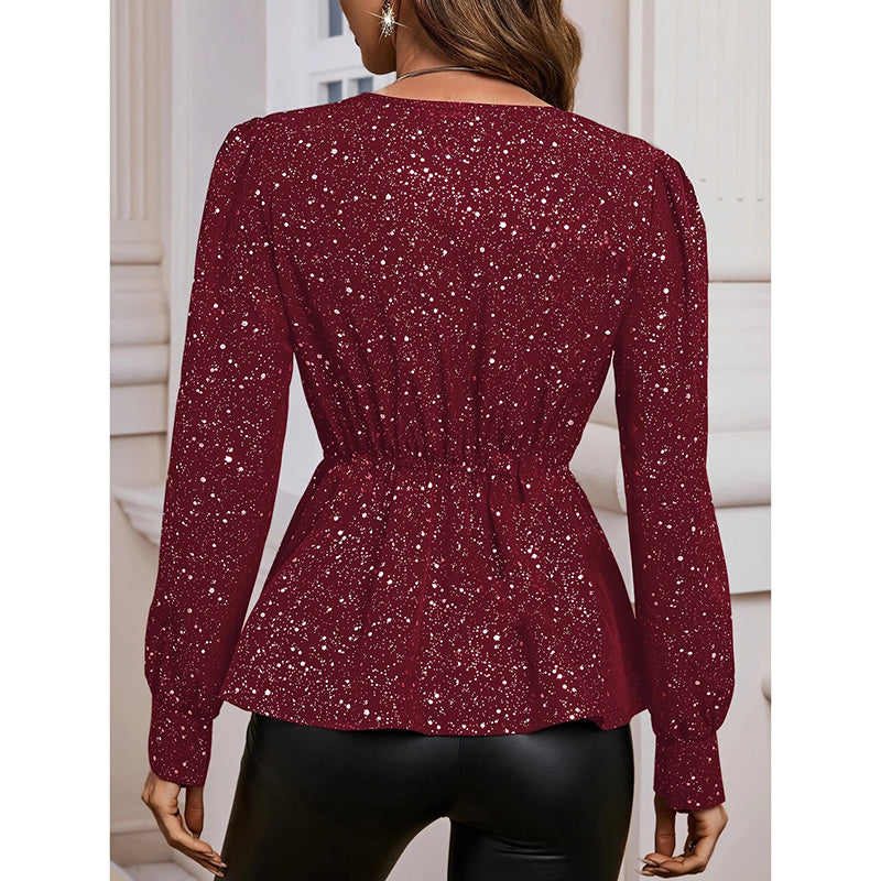 Womens Sparkly Tops Shiny Long Sleeve Ruched Asymmetrical Hem Sparkle Blouses Cocktail Party Evening Shirts