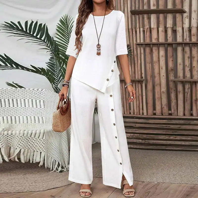Button Half-sleeve Shirt Loose Two-piece Set