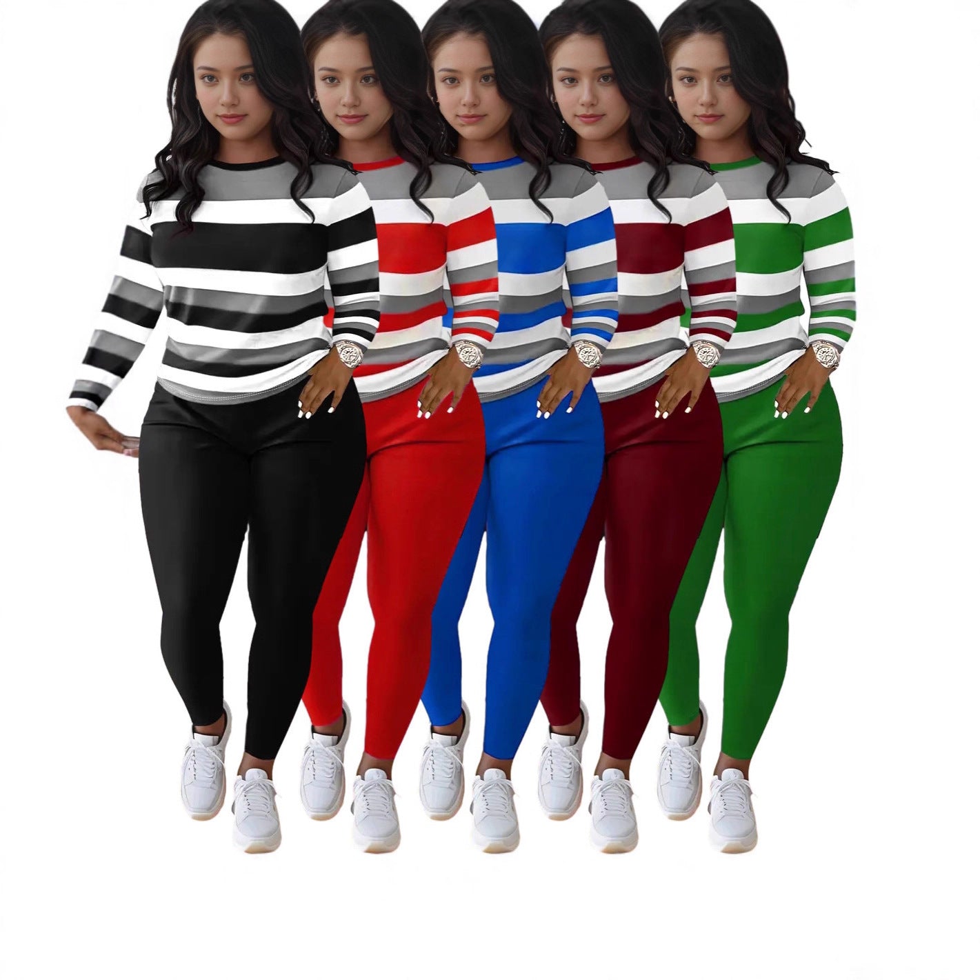 Striped Print Crew-neck Long-sleeve Pants Set