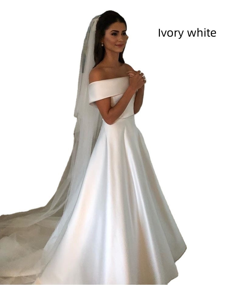 A Line Wedding Dresses Satin Off The Shoulder  Sweep Train  Zipper With Buttons