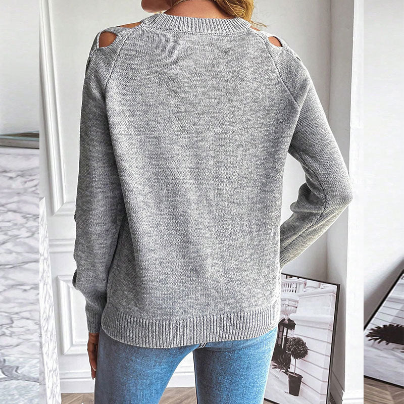 Women's Casual Long Sleeve Hollow Out Sweater, Trendy Chic Crewneck Openwork Knit Pullover Top For Fall