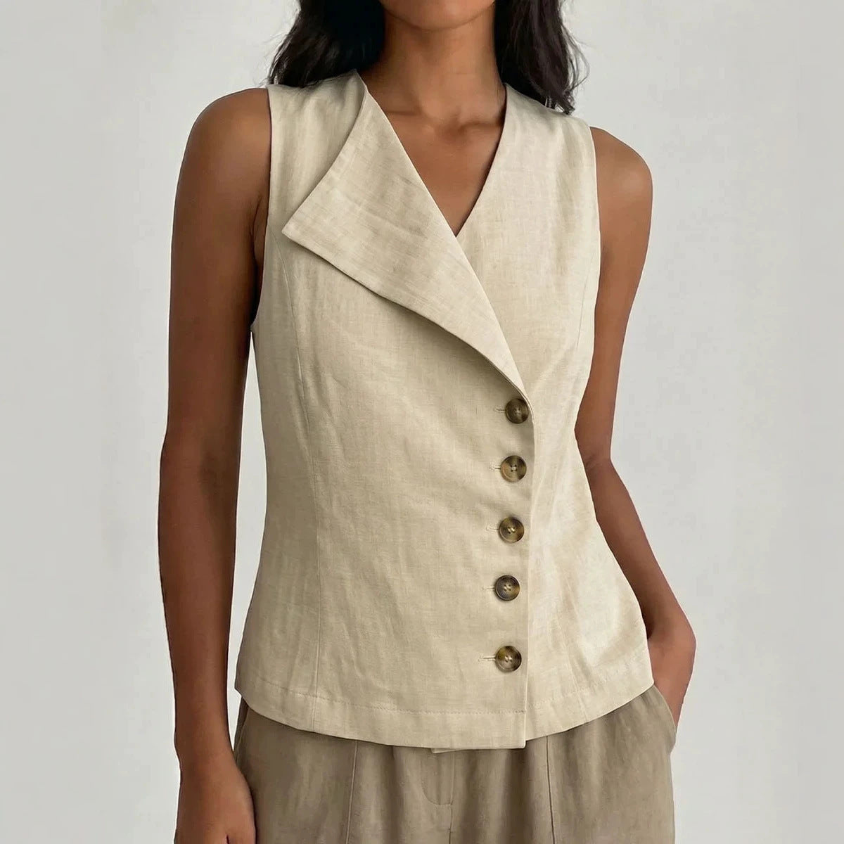 Sleeveless Button-Down V-Neck Solid-Color Shirt