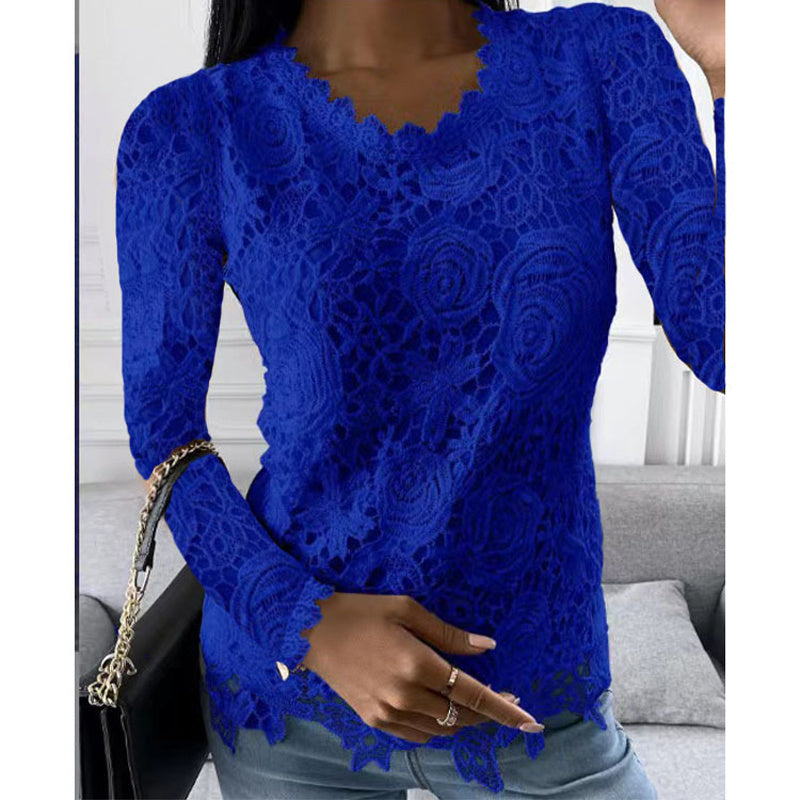 Plus Size Women's Solid Lace Top, Floral Pattern Round Neck Long Sleeve Blouse For Spring And Fall