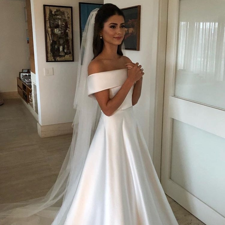 A Line Wedding Dresses Satin Off The Shoulder  Sweep Train  Zipper With Buttons
