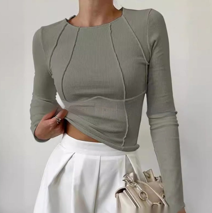 Slim Long Sleeve T-shirt Fashion Solid Color Split Thread Knitted Top