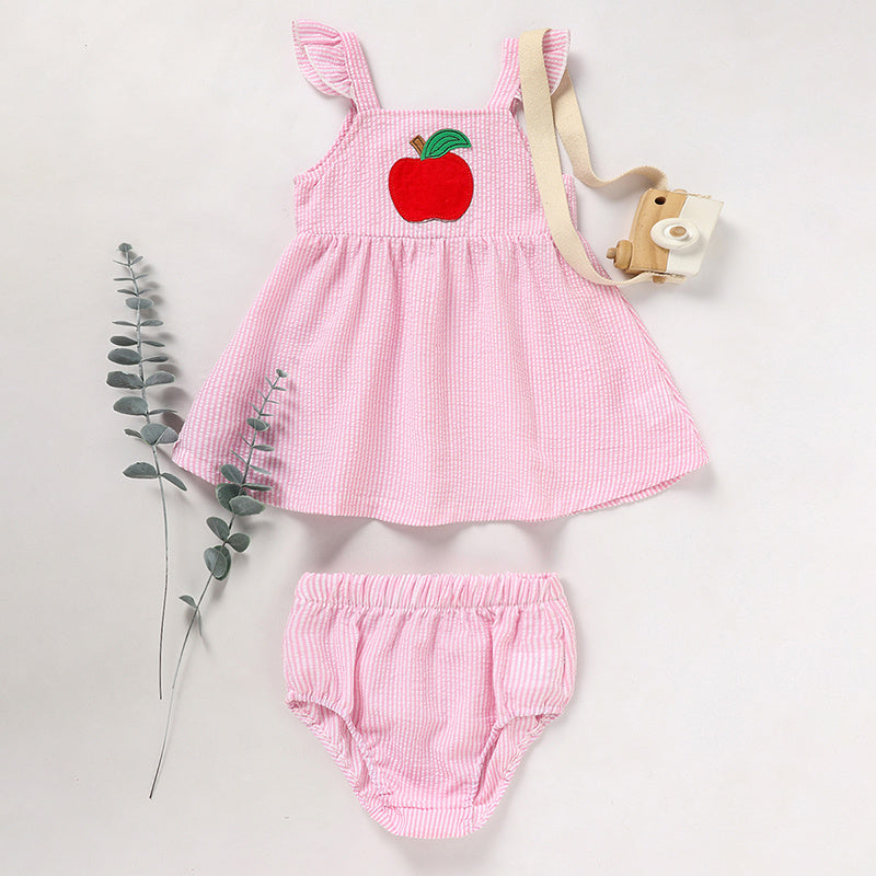 Kids Baby Girl Back To School Outfit, First Day Of School, Summer Ruffle Sleeves Applique Top & Shorts Set