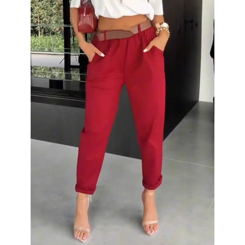Solid-color Pocketed Slim-fit Casual Pants