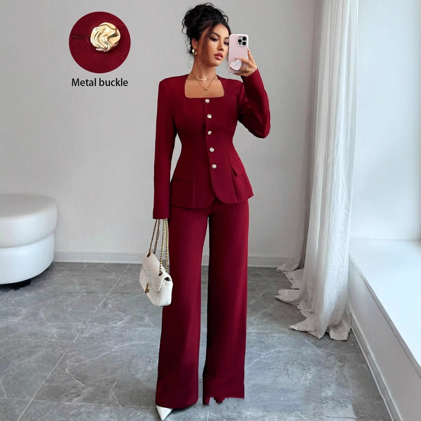 Long-Sleeve Top And Wide-Leg Pants Two-Piece Pants Set