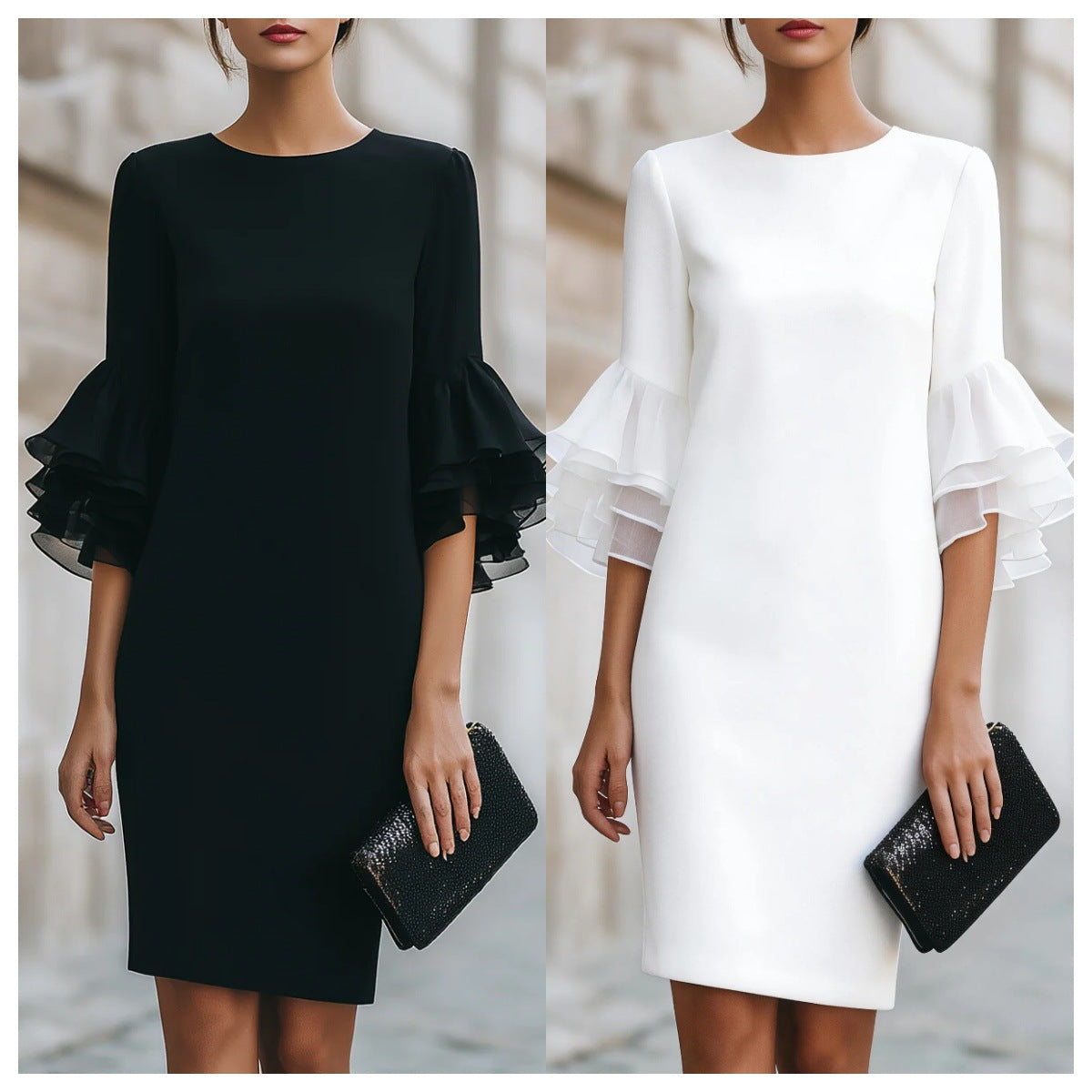 Solid-Colored Ruffle-Trim Flared-Sleeve Slim-Fit Dress