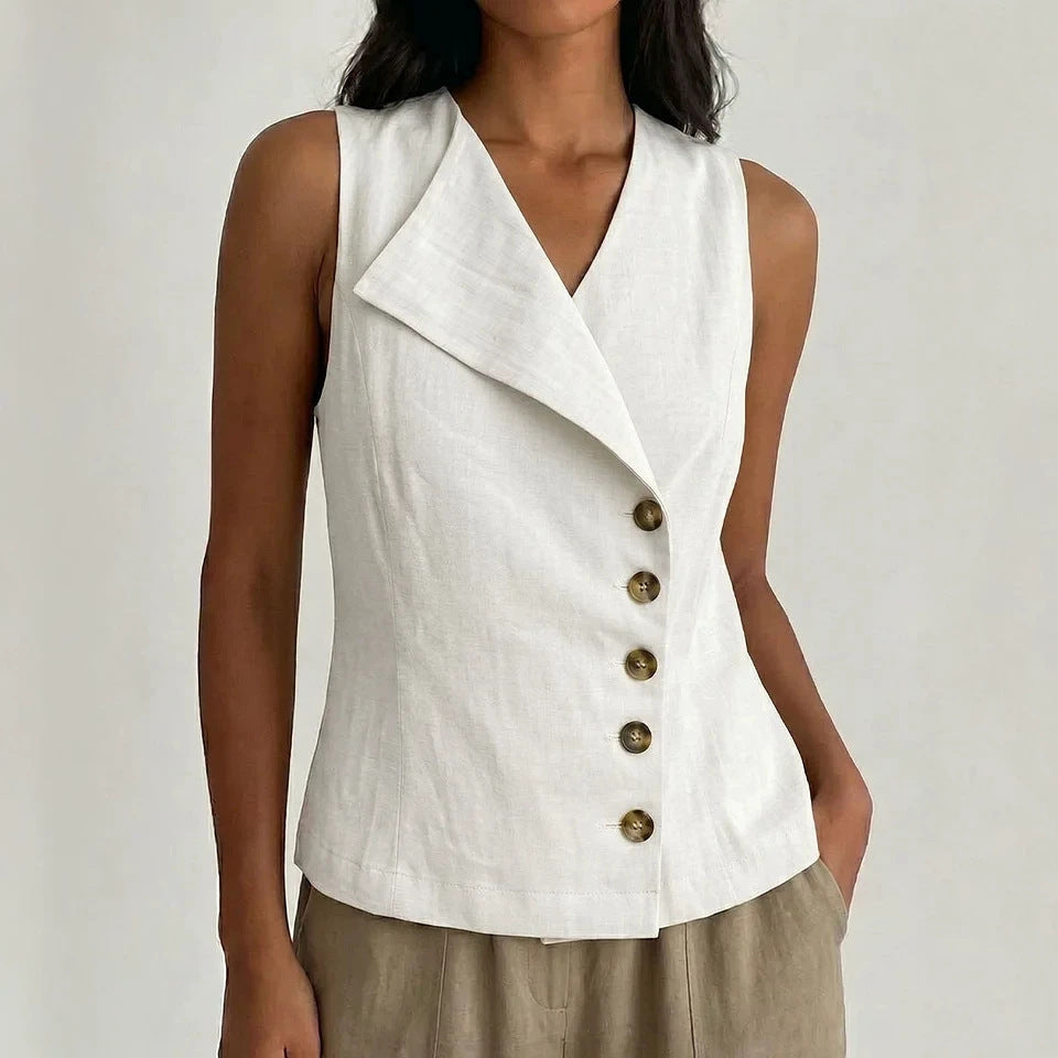 Sleeveless Button-Down V-Neck Solid-Color Shirt