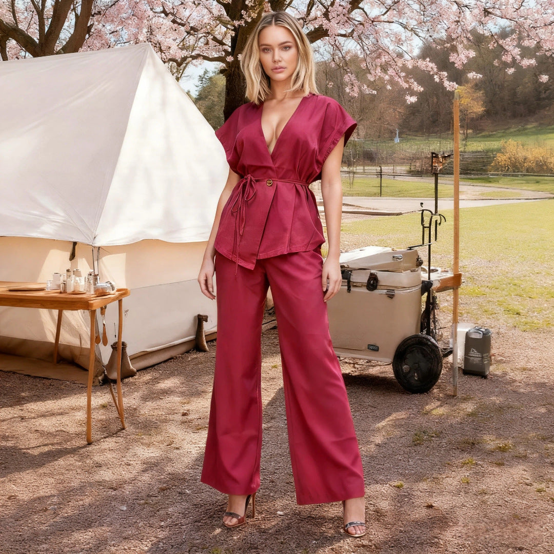 Casual Vest And Pants Set With Ties Solid Color