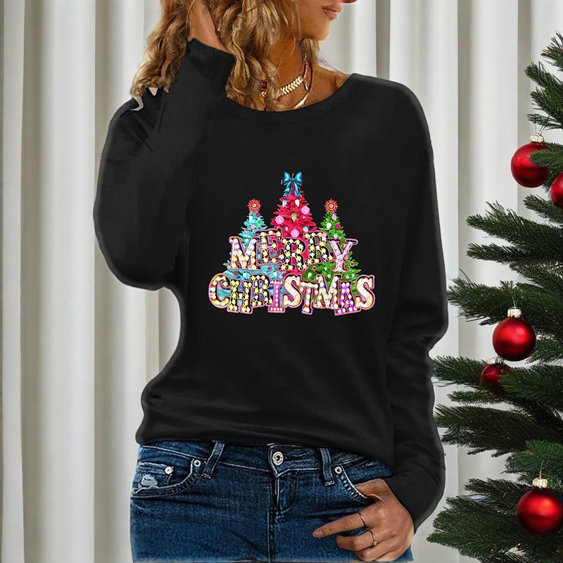 Women's Long Sleeve Merry Christmas T-Shirt, Cute Christmas Tree Graphic Tee, Funny Holiday Party Top