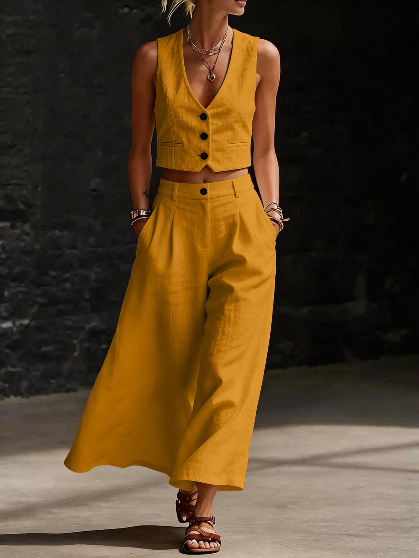 Short V-Neck Top And Wide-Leg Pants Set