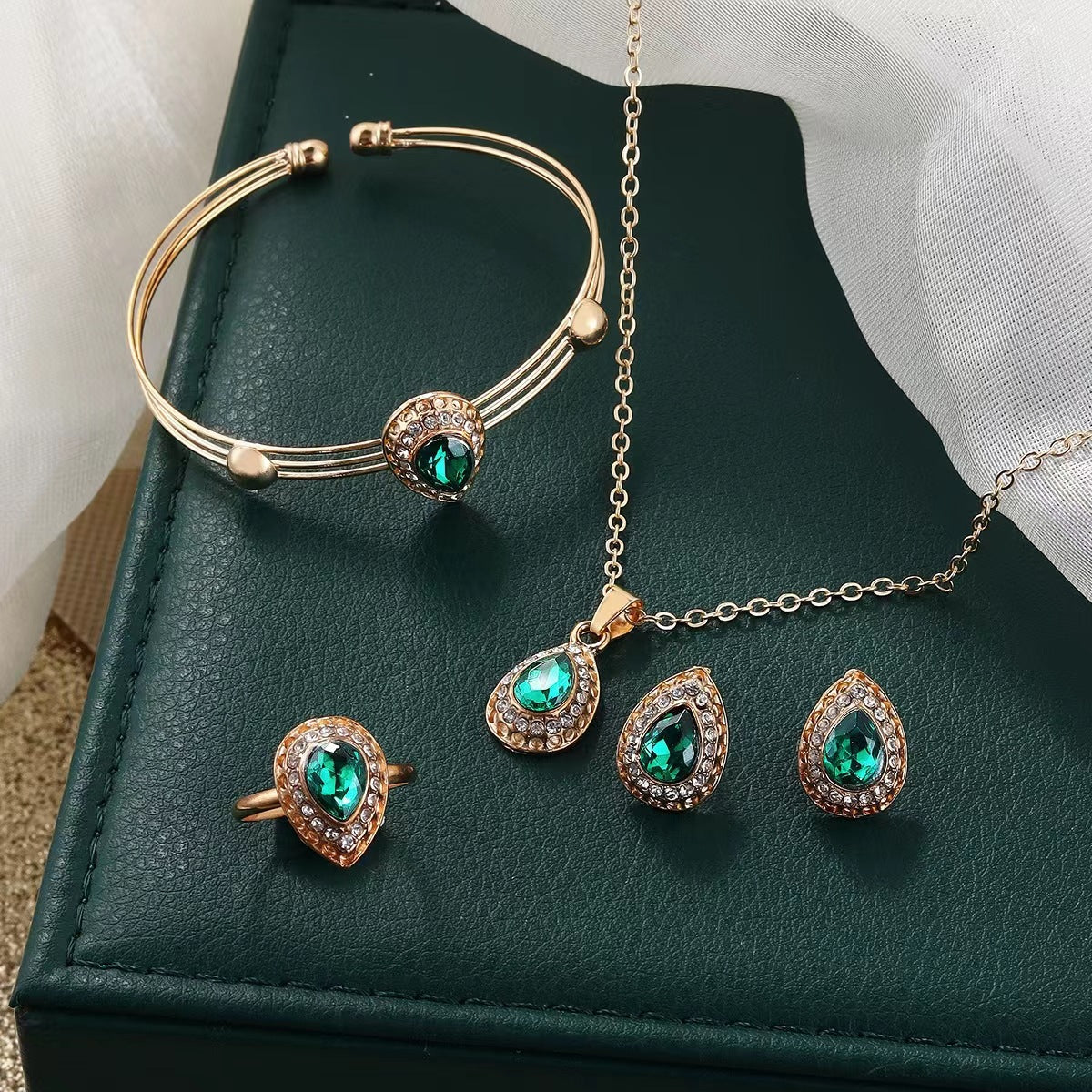 Water Drop Gem Series Necklace Earring Ring Bracelet Four-piece Set