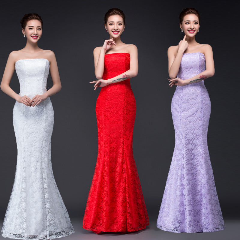 Long dress fuchsia and white lace trailing  wedding dress