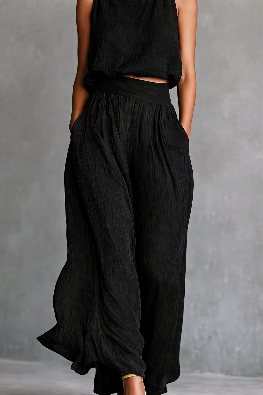 Sleeveless Loose Crew-Neck Top And Wide-Leg Pants Set