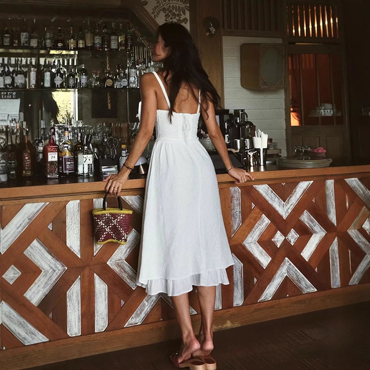 French-style  Slip Dress Open-back Solid Color High-waisted