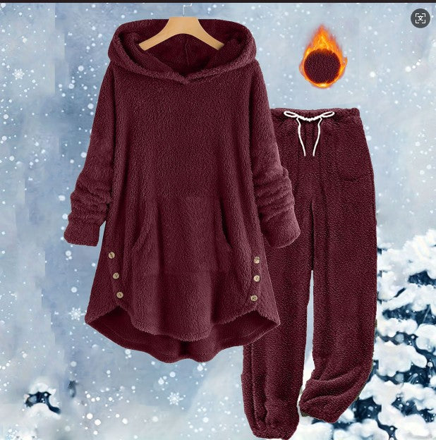 Solid-color Plush Hooded Long-sleeve Pants