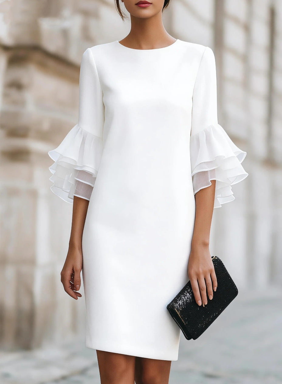 Solid-Colored Ruffle-Trim Flared-Sleeve Slim-Fit Dress