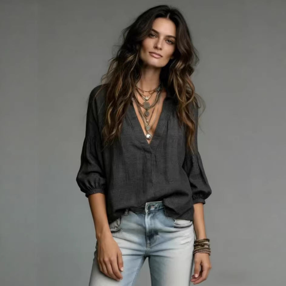 Loose  V-Neck Three-Quarter Sleeve Shirt