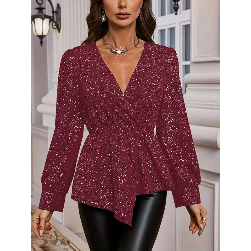 Womens Sparkly Tops Shiny Long Sleeve Ruched Asymmetrical Hem Sparkle Blouses Cocktail Party Evening Shirts