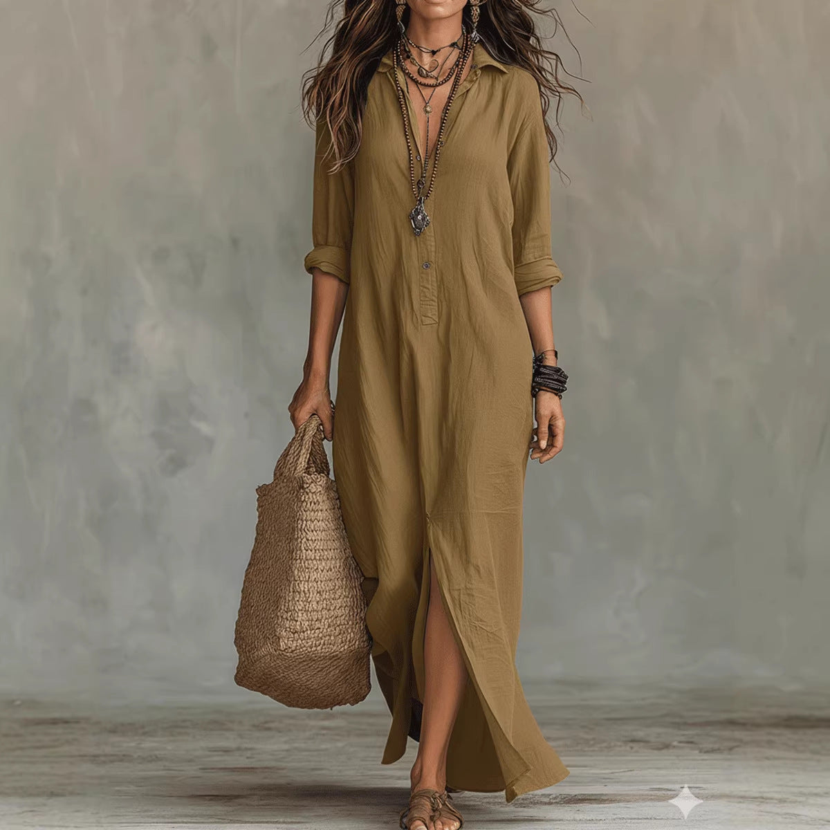 Solid-color Lapel-front Slit Maxi Dress