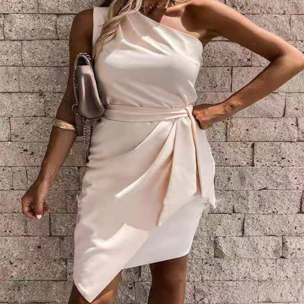 Sleeveless Slanted Shoulder Irregular Tie Party Dress