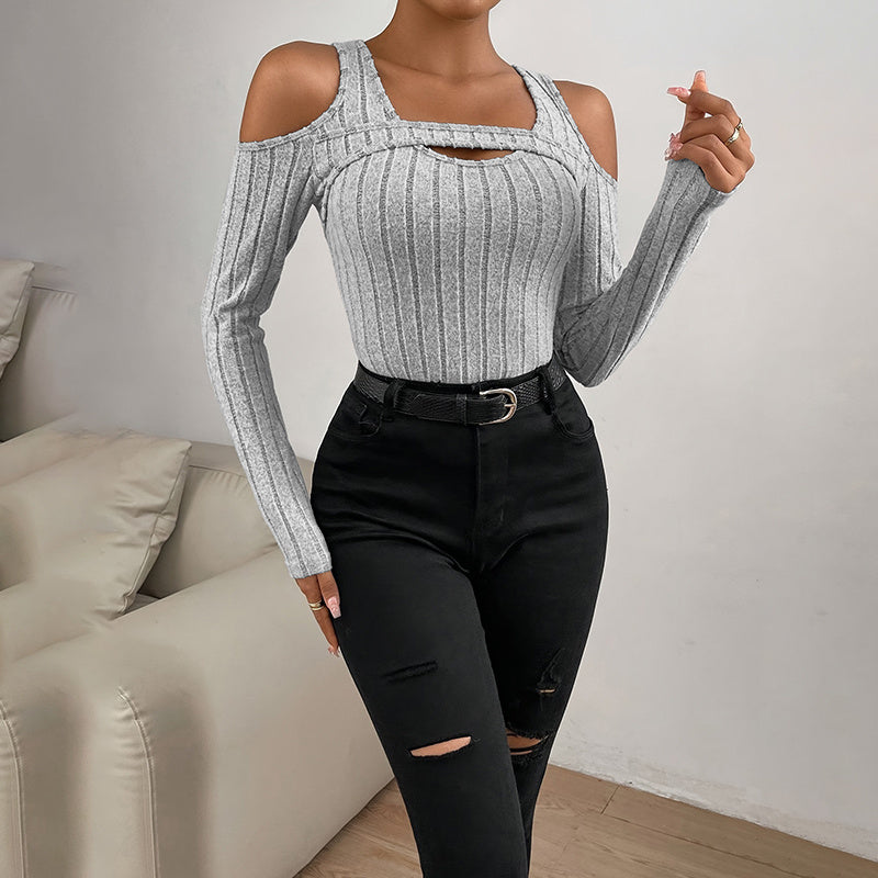 Women's Ribbed Long Sleeve Top Cut Out Front Detail Fitted Sexy Tee Casual Dressy T-Shirt Tops