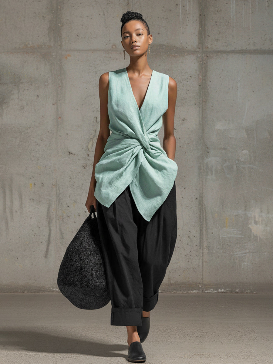 Tie-front V-neck Sleeveless Top Wide-leg Pantsuit