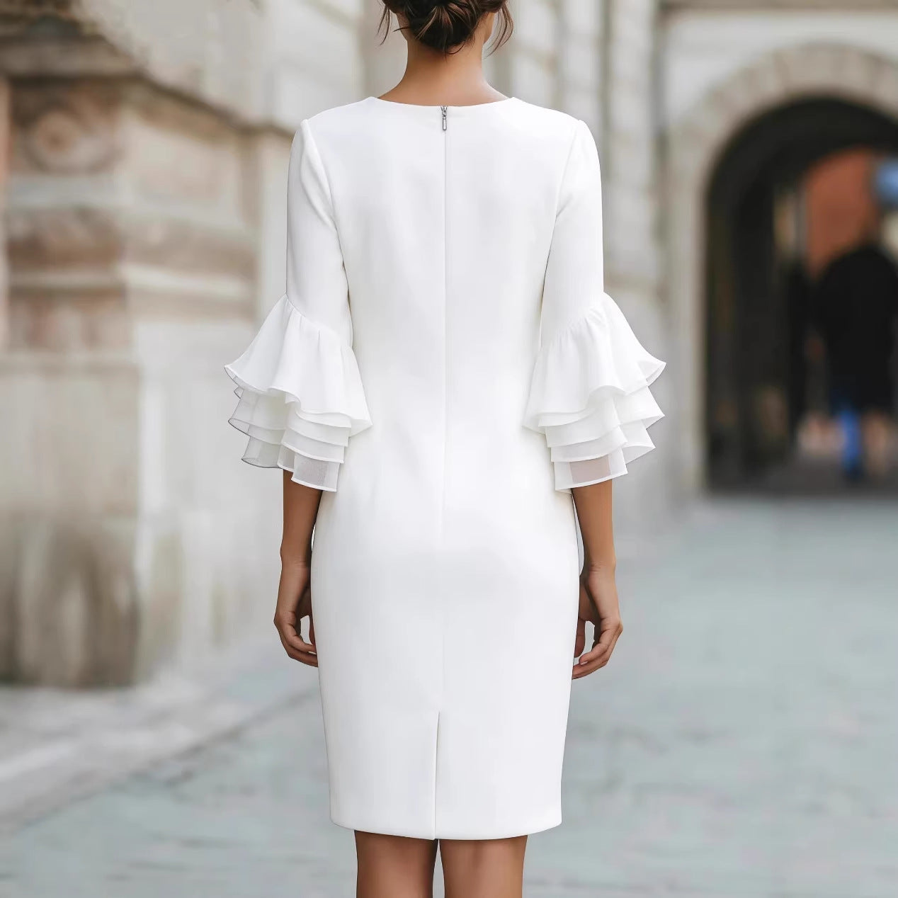Solid-Colored Ruffle-Trim Flared-Sleeve Slim-Fit Dress