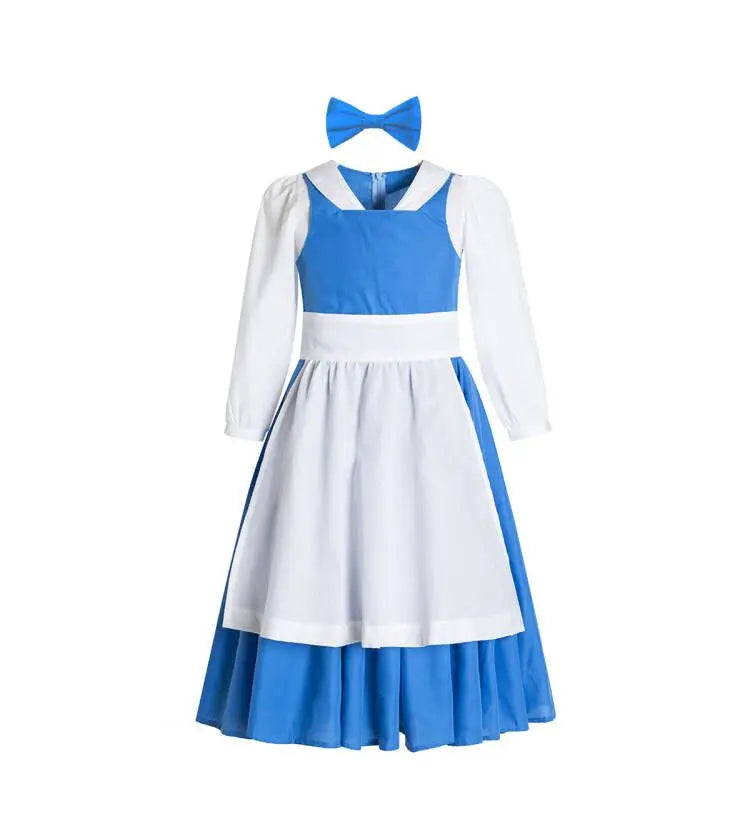 BELLE Provincial Village Costume Blue Deluxe CHILD princess dress the beast Princess Belle costume Birthday dress Halloween