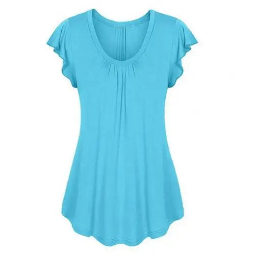 Hot Women T-shirts 2021 Solid Color Scoop Neck Short Ruffled Sleeve Shirts Bottoming Top Women T Shirt Summer
