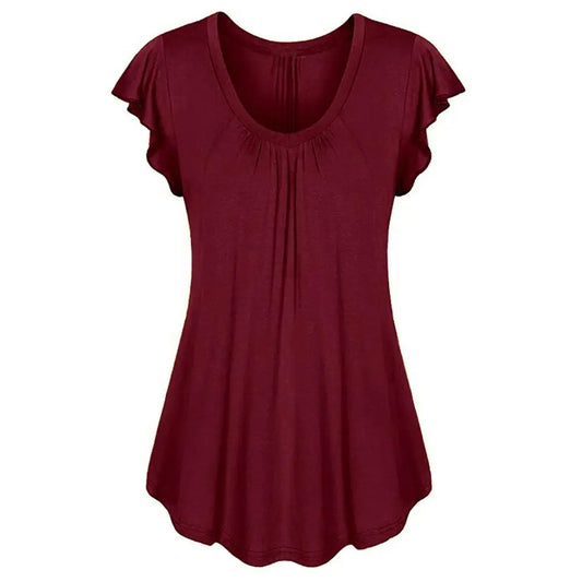 Solid Color Scoop Neck Short Ruffled Sleeve