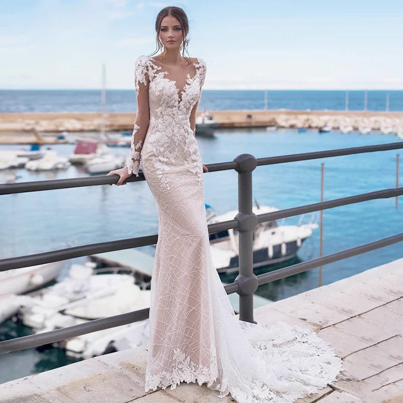 Mermaid Wedding Dresses Appliques Beads Chain Backless