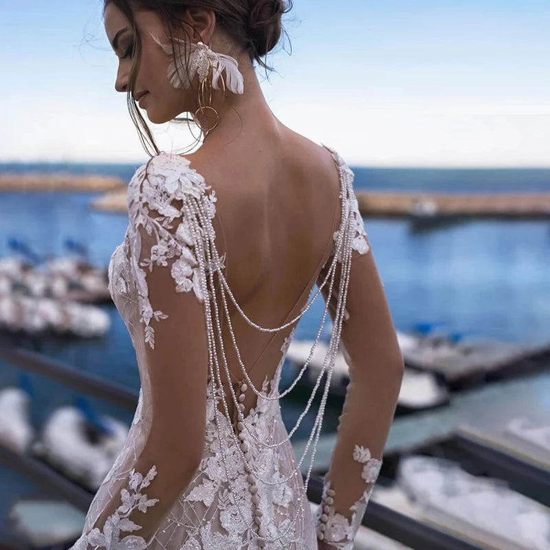 Mermaid Wedding Dresses Appliques Beads Chain Backless