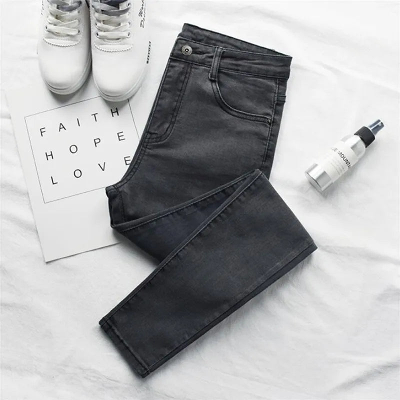 2022 New Women Black Jeans High Waist Jeans Fashion Stretch Jeans Female Washed Denim Skinny Cowboy Pencil Pants R246