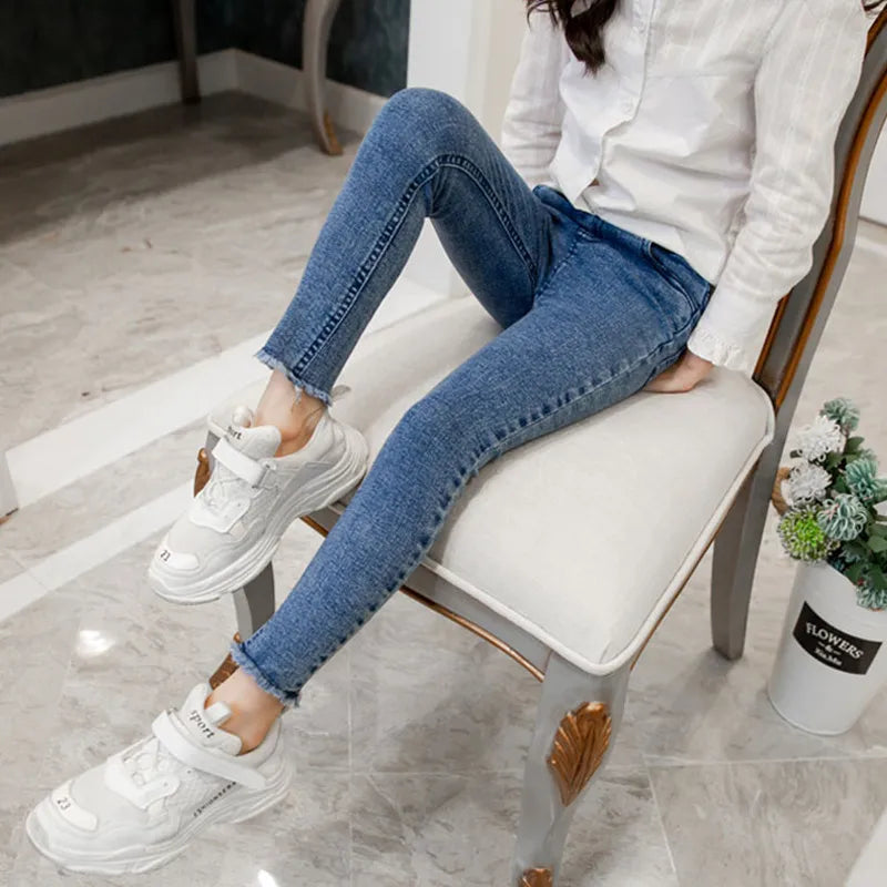 Girls Leggings new 2023 autumn kids girl jeans blue black elastic skinny children pencil pants for 4 to 13 years denim trousers