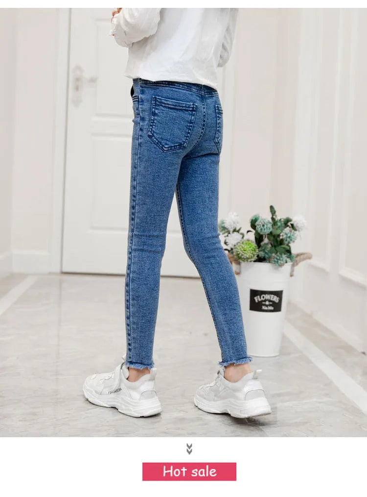 Girls Leggings new 2023 autumn kids girl jeans blue black elastic skinny children pencil pants for 4 to 13 years denim trousers